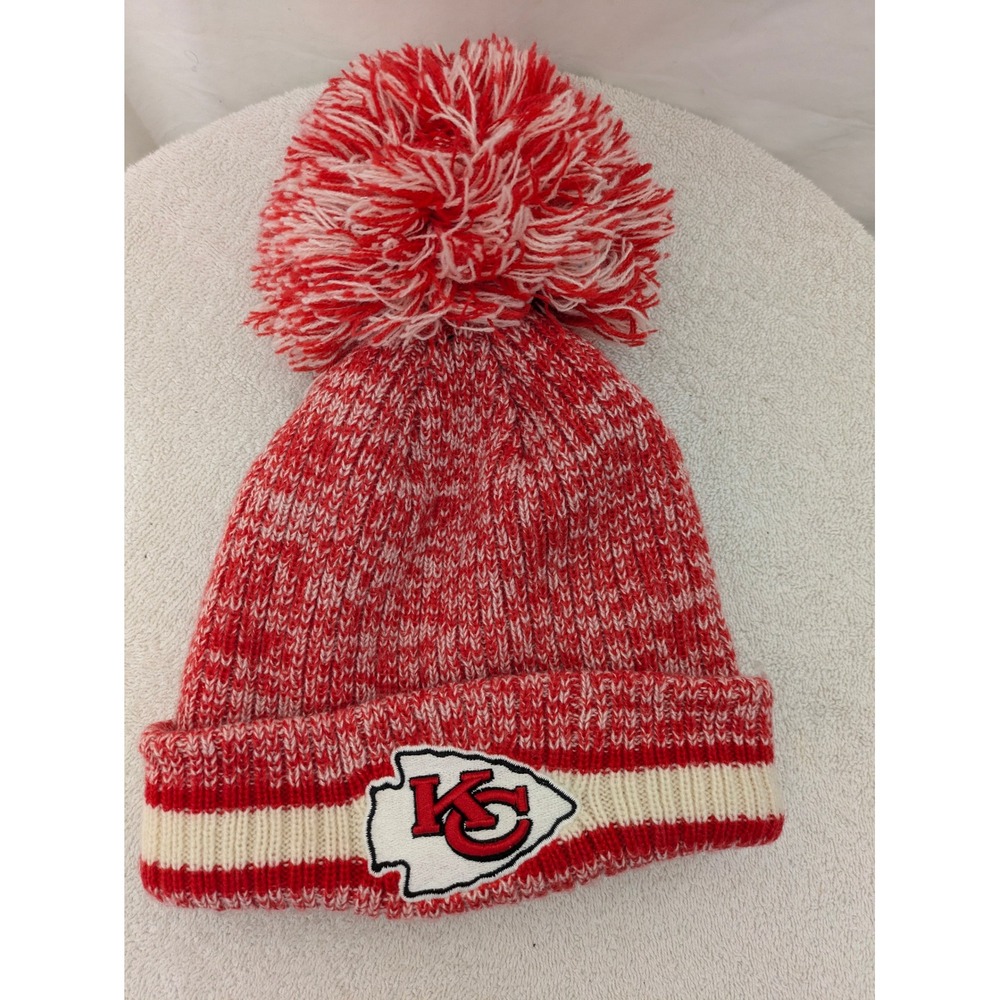 Kansas City Chiefs NFL Women Pom Beanie Red White Marled Knit Cuffed Winter Hat